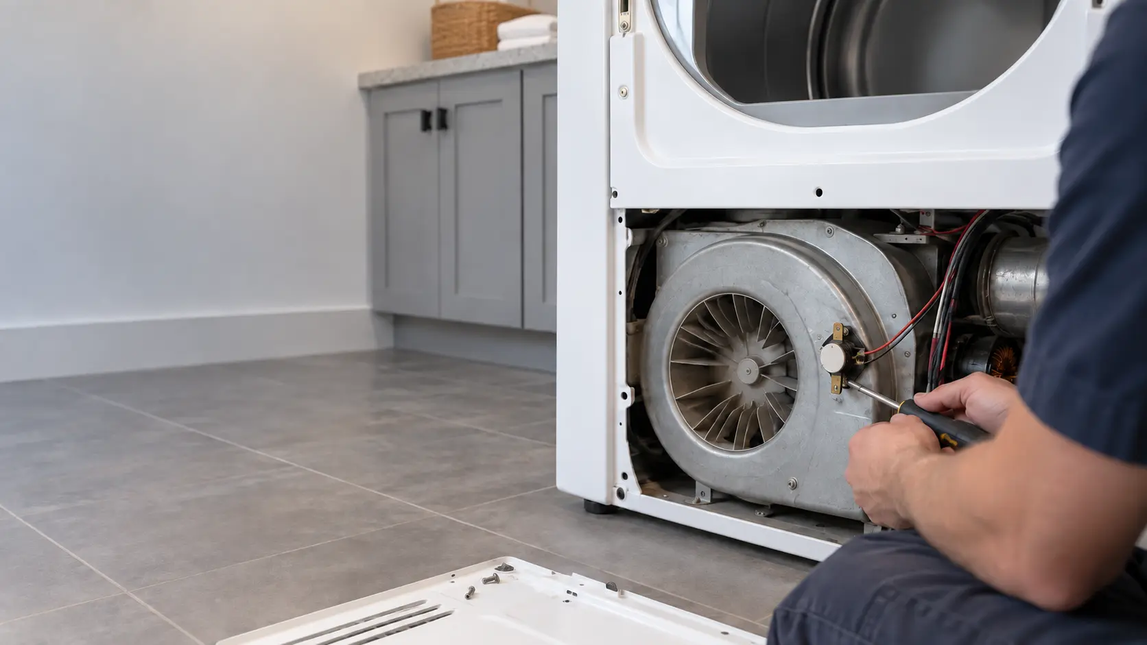 The opened lower front panel of a white electric dryer in a US laundry room, showing the blower housing with a small thermal fuse mounted on it.