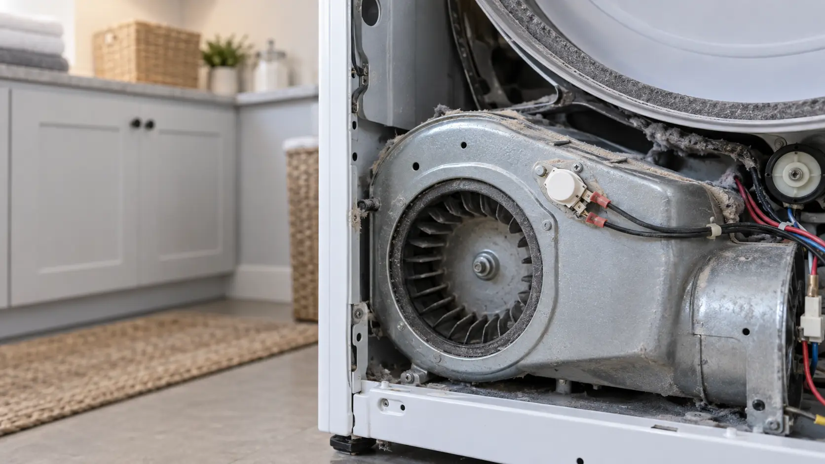 A small white thermal fuse on the blower housing inside an opened dryer, seen close.
