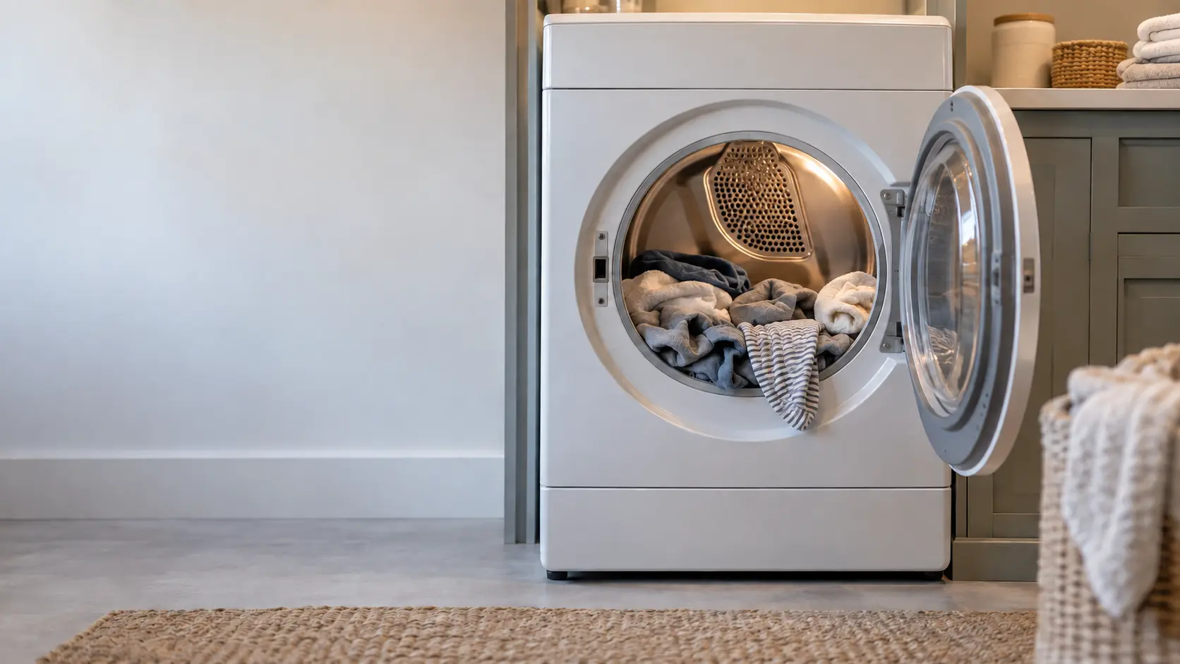 A front-load dryer in a US home laundry room standing still with its door half open and a load of damp clothes left in the drum.