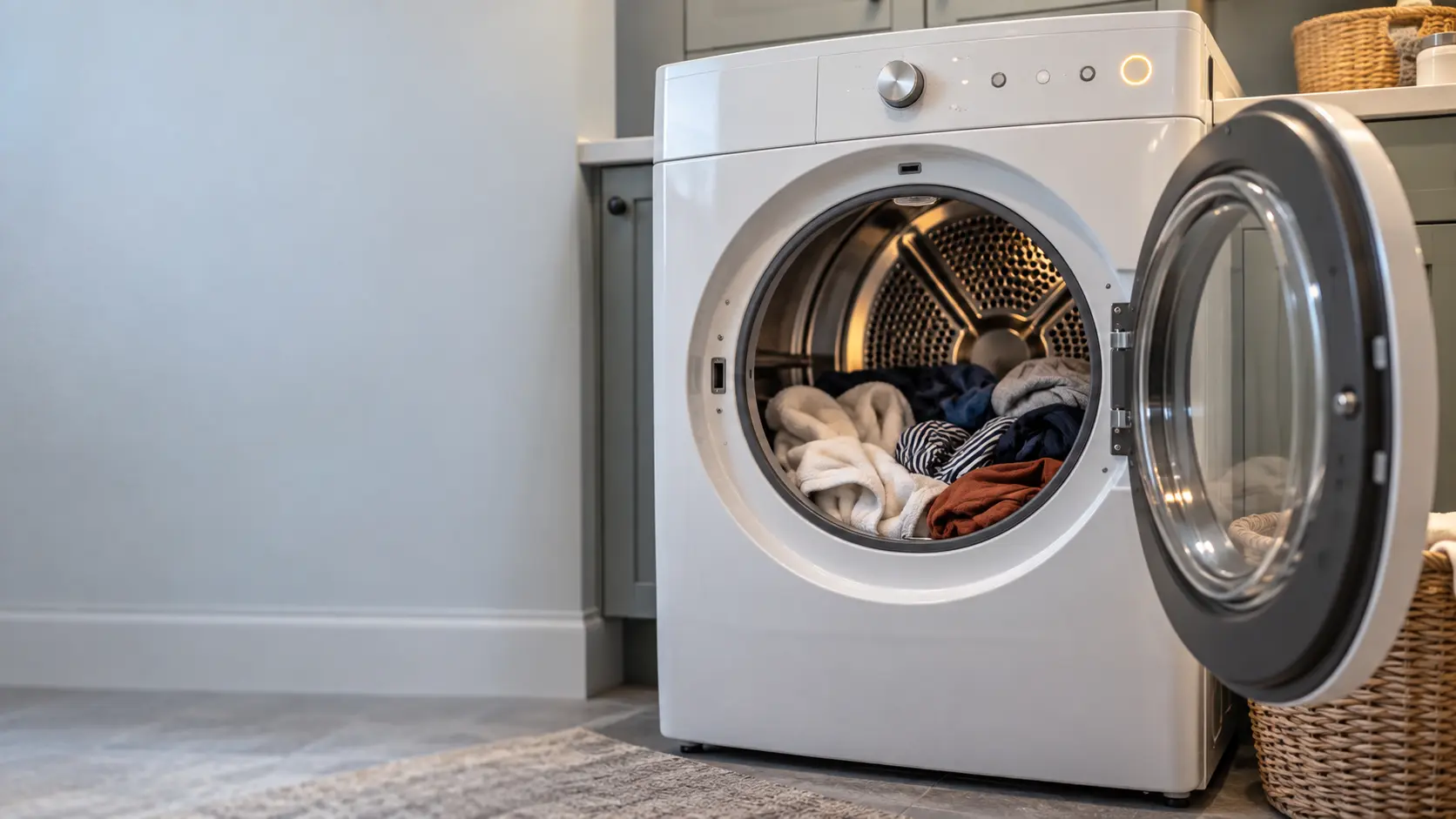 The control panel of a dryer mid-cycle with the start button lit and the door just opened, clothes still inside.