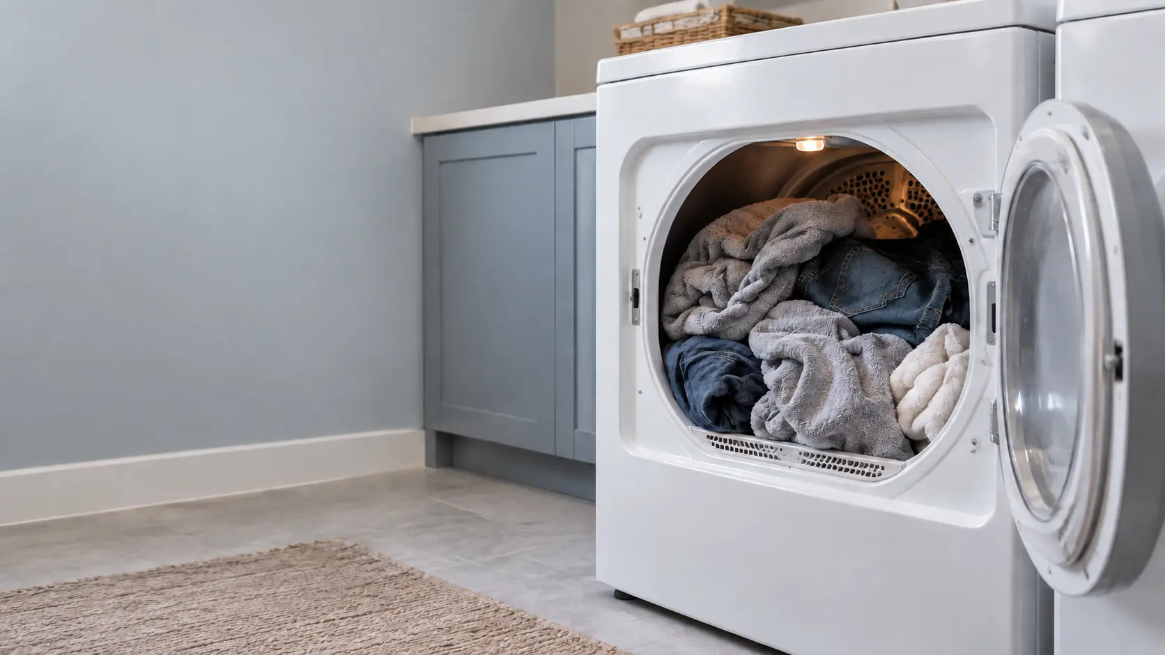 A white electric dryer in a US home laundry room with its door open and a heavy tangle of damp towels and jeans packed into the drum.