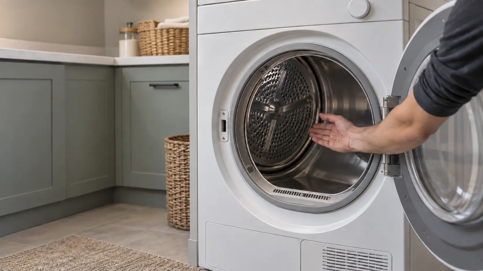 An electric front-load dryer in a US home laundry room with its door open and a hand held inside the empty drum to feel for heat.