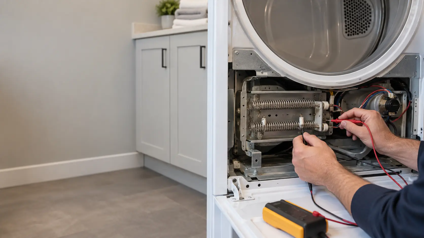 A technician's hands testing the heating element coil inside an opened electric dryer with multimeter probes.