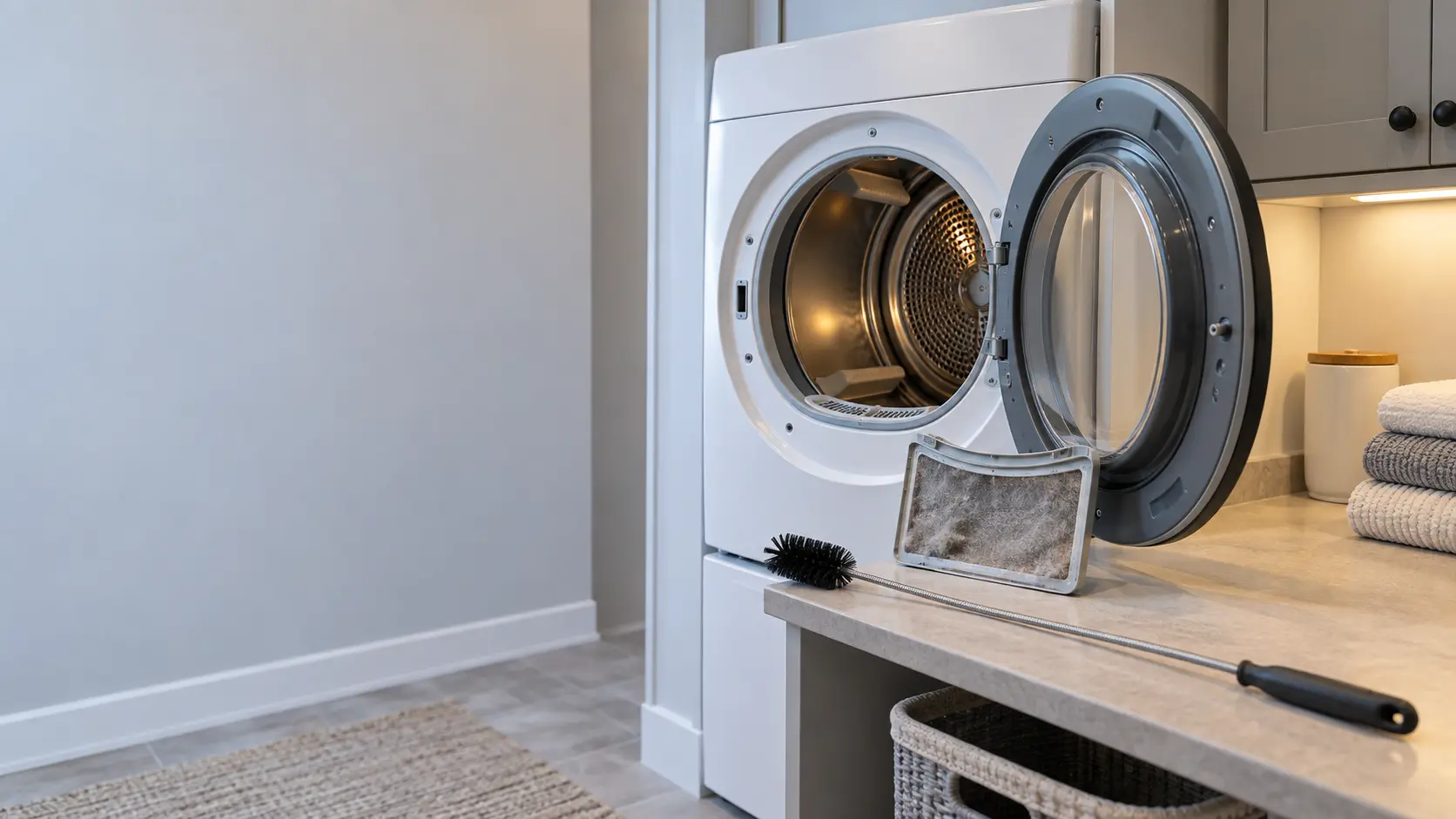 An open dryer with the lint screen pulled out and a long vent brush resting on the folding counter.