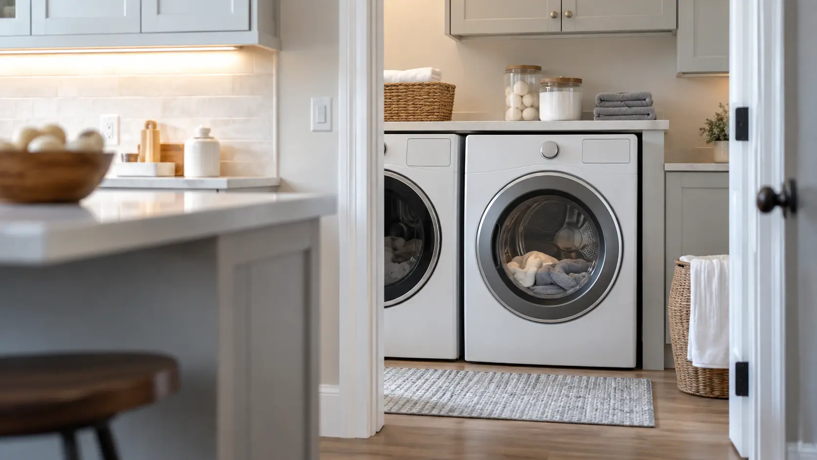 A bright laundry room off a family kitchen with a front-load dryer and washer, seen from across the room.