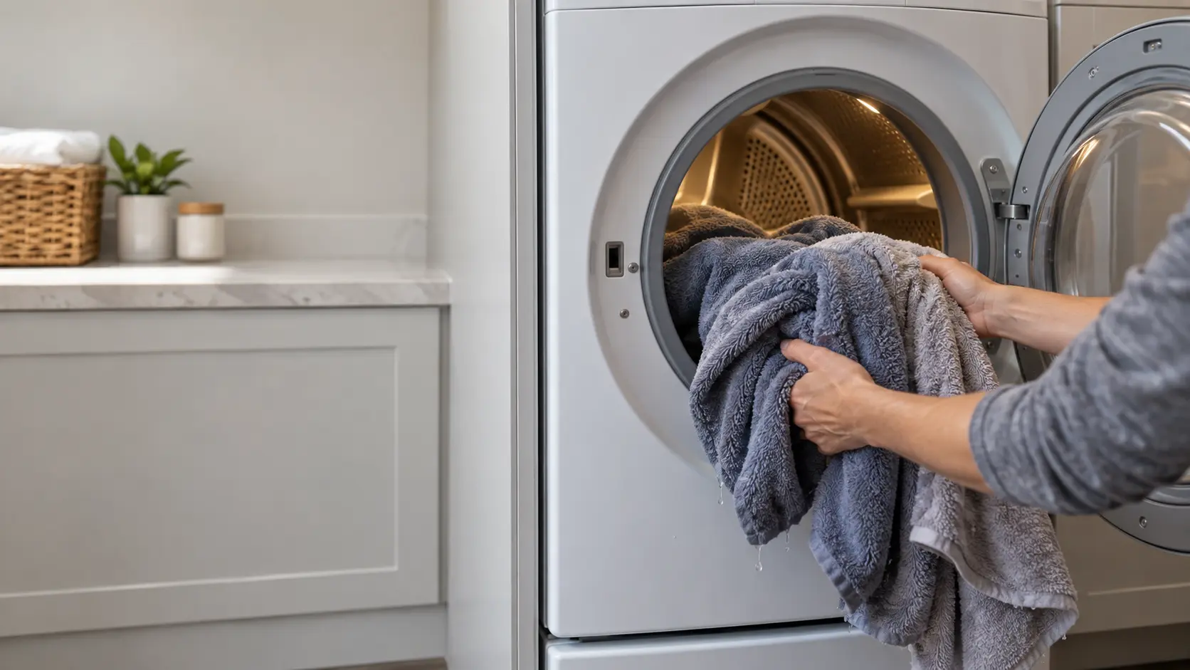 A handful of damp towels pulled from a dryer drum at the end of a cycle, still visibly wet.