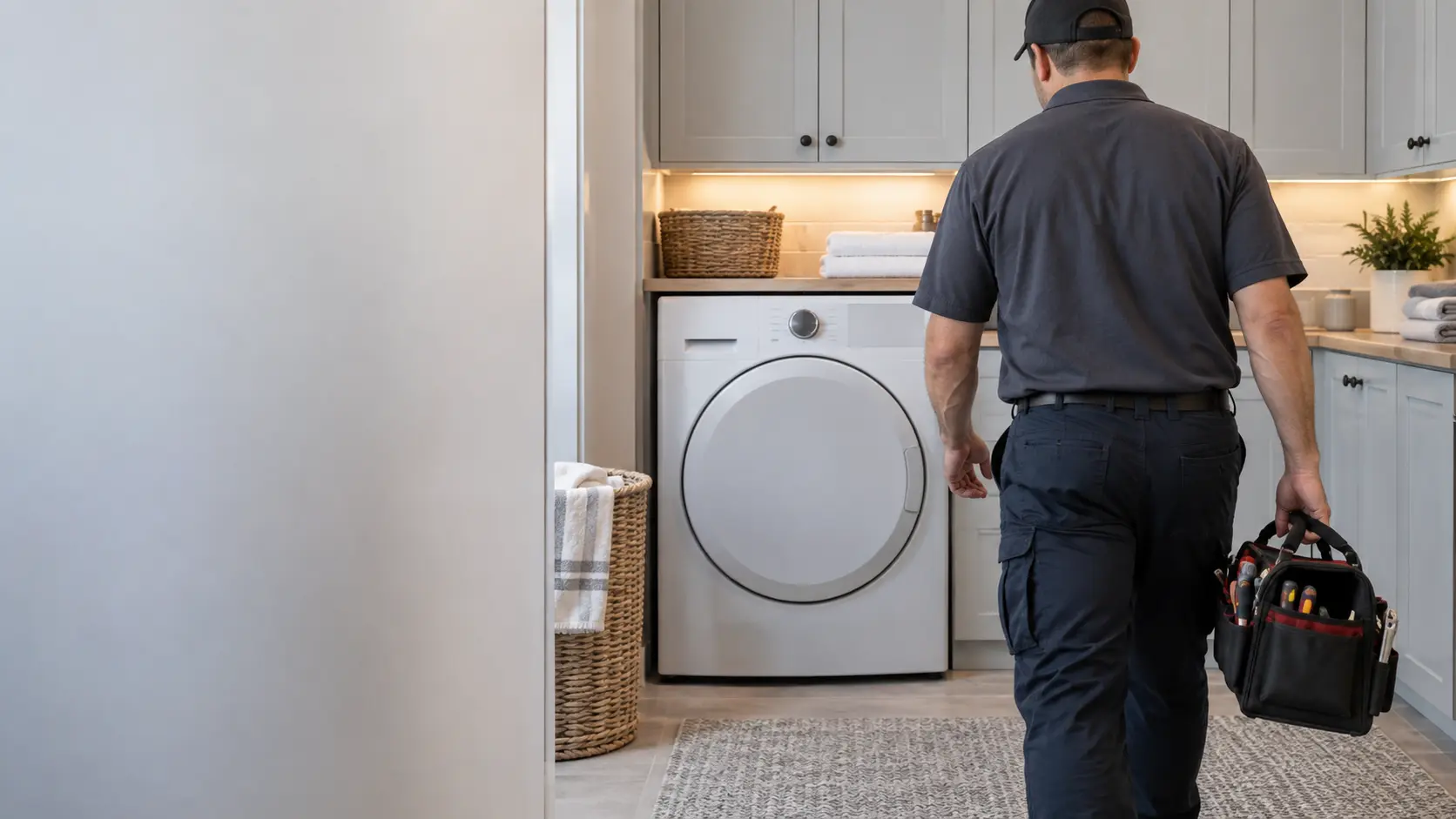 A technician arriving in a laundry room with a tool bag, a closed front-load dryer ahead, seen from behind.