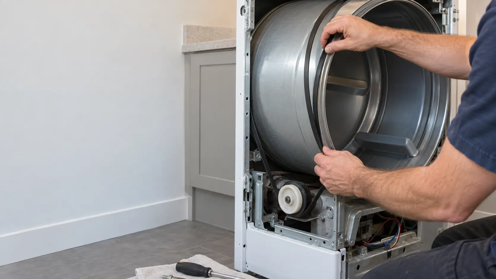 A technician's hands fitting a new drum belt around the drum of an opened dryer.