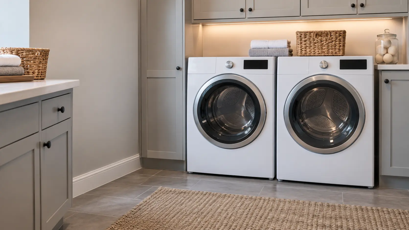 A laundry room showing an electric front-load dryer beside a gas dryer, both closed.