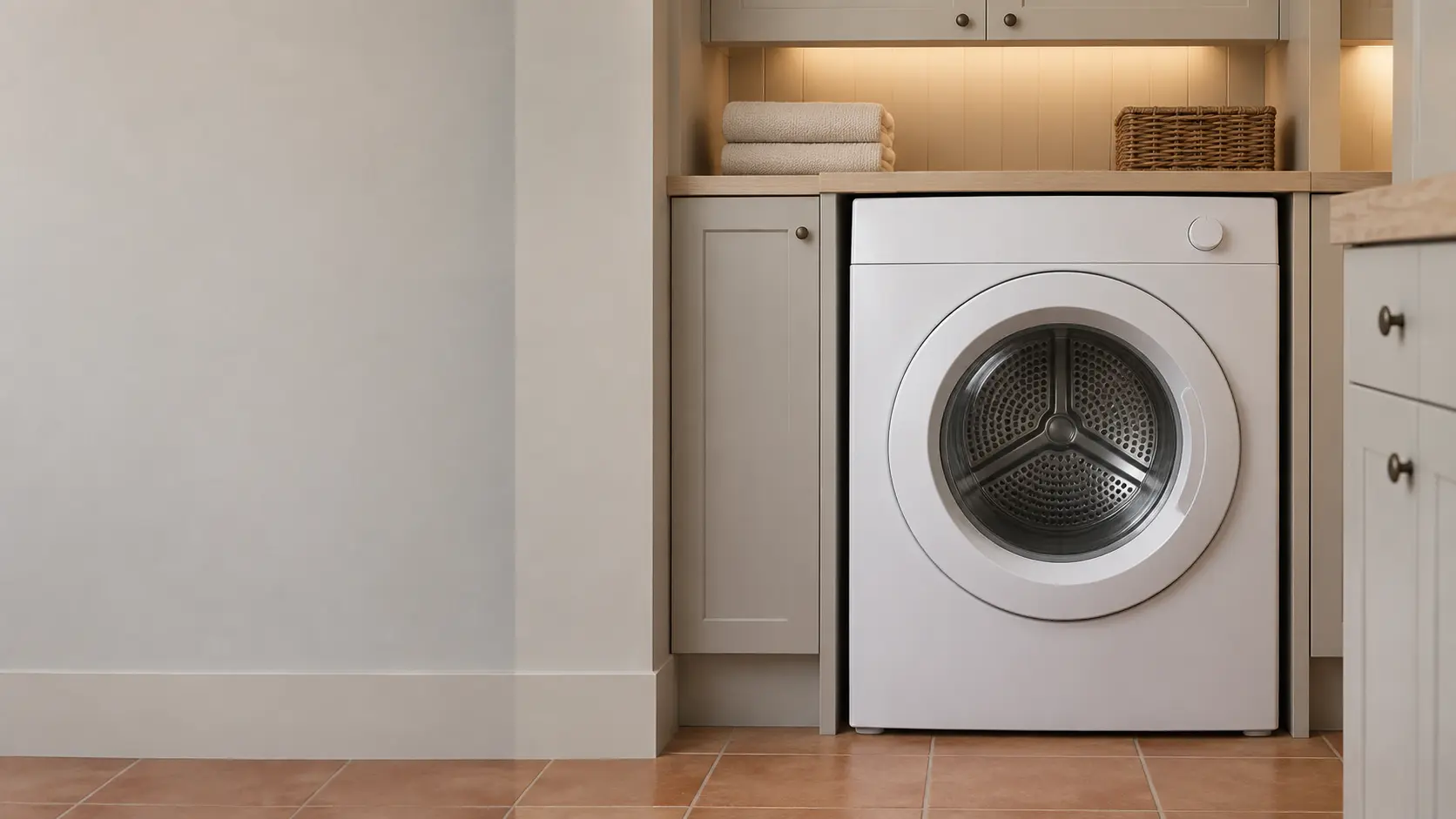 A front-load clothes dryer in a Southern California house with a laundry nook off the kitchen, pale oak cabinets and terracotta tile.