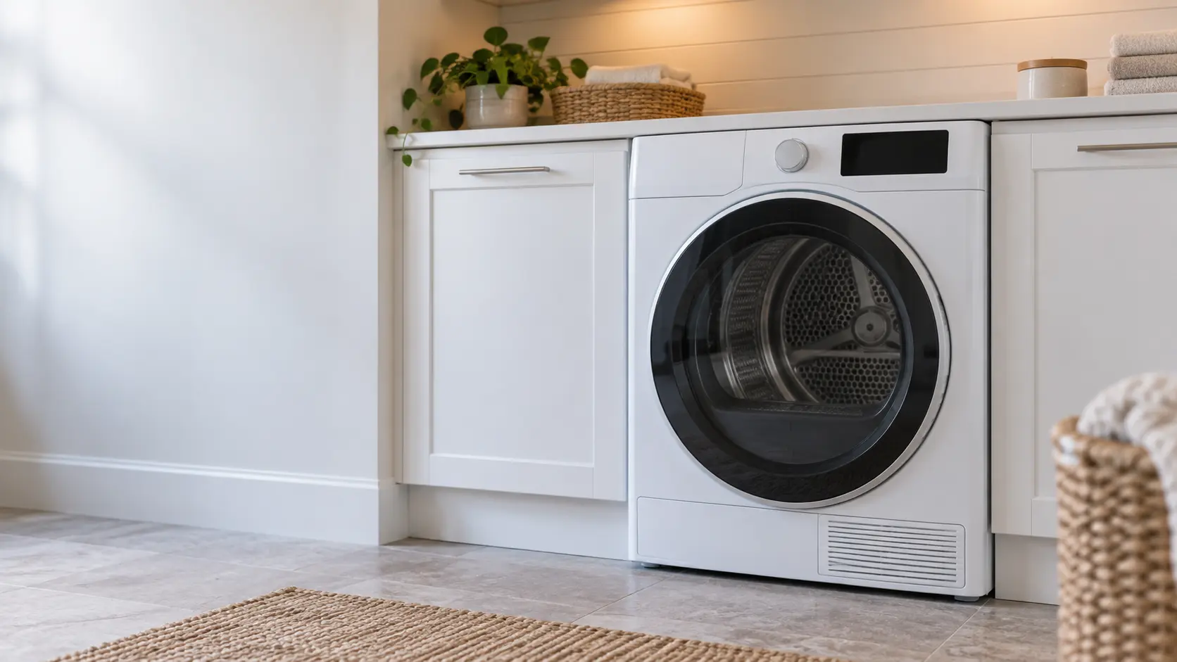 A front-load clothes dryer in a coastal San Diego home with a sunlit laundry room, white shaker cabinets and light stone floor.
