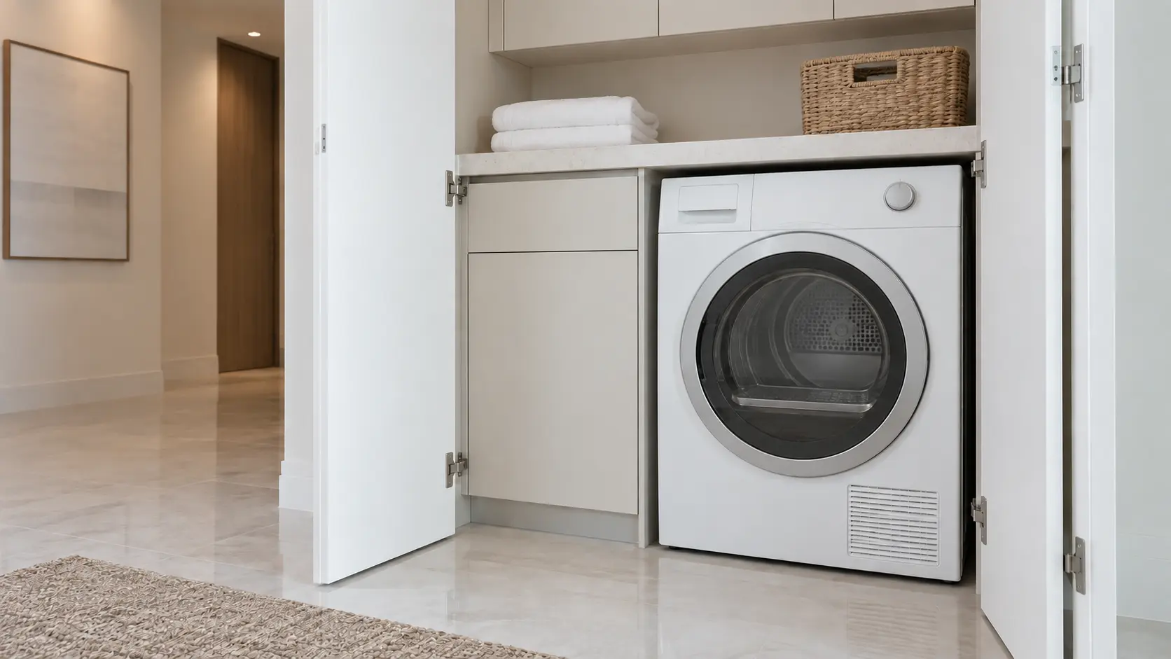 A front-load clothes dryer in a Miami high-rise condo with a laundry closet behind white flush doors and glossy porcelain floors.