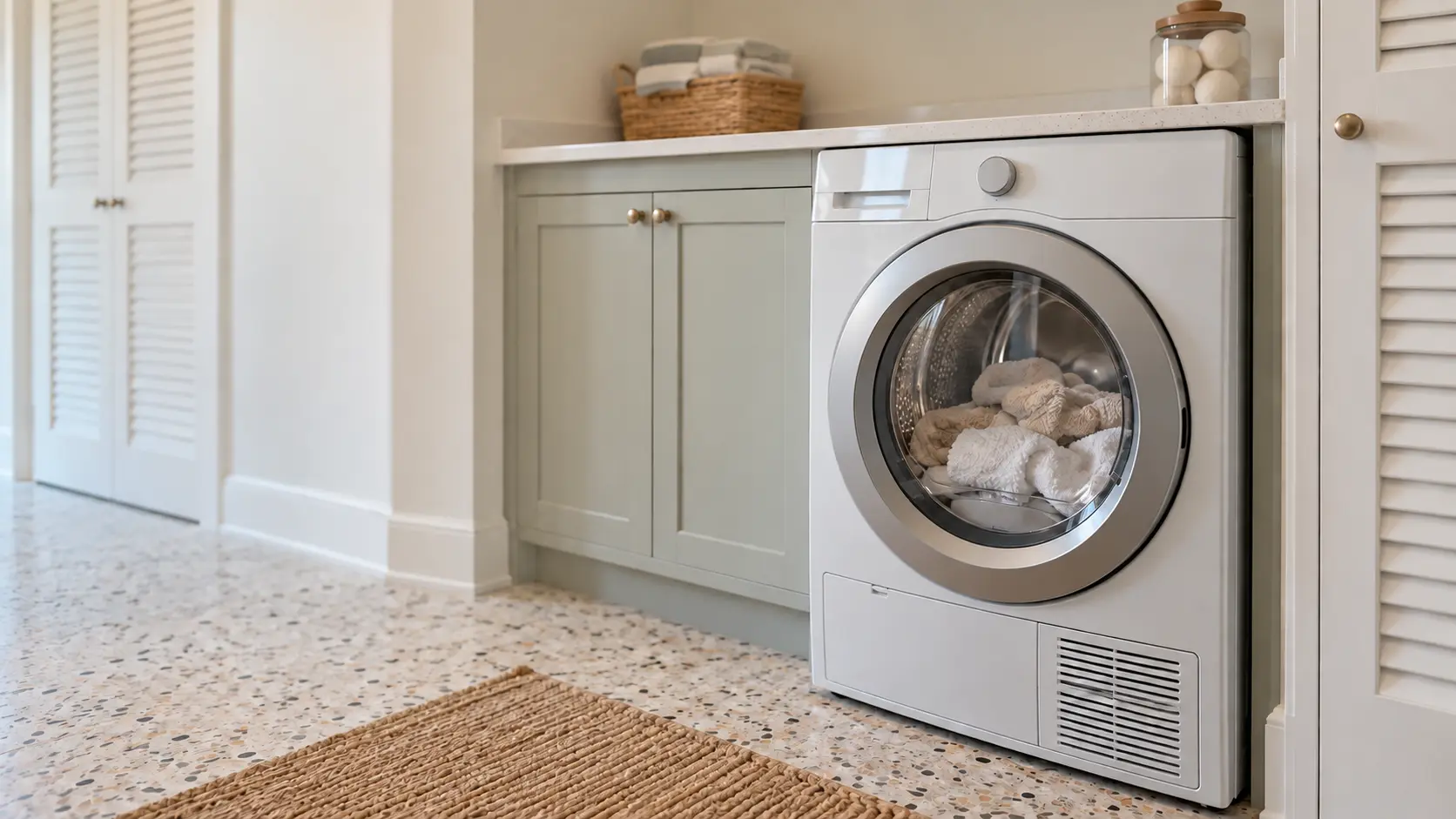 A front-load clothes dryer in a bright Florida bungalow with terrazzo-look tile floors and white louvered doors.